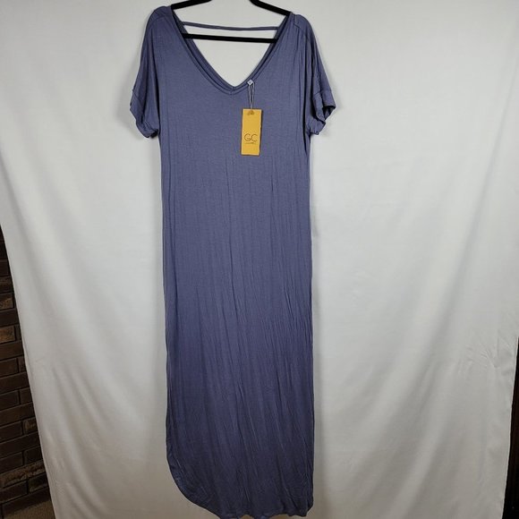 grecerelle Dresses & Skirts - Grecerelle v neck and back blue double slit maxi dress short sleeve jersey